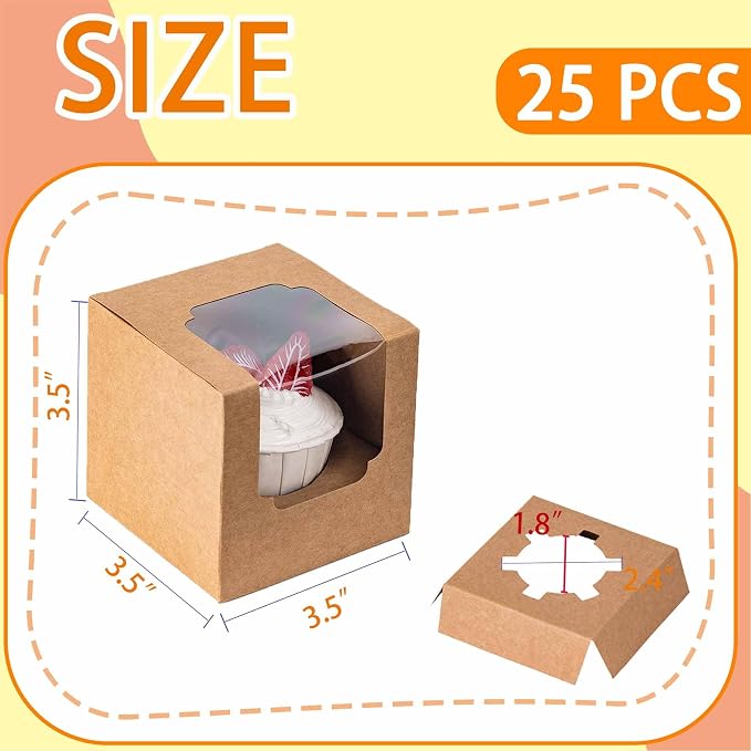 BOOMIBOO 25 Pack Individual Cupcake Containers, Cupcake Boxes with Window, Food Grade Cupcake Holders with Inserts, Stackable Deep Cupcake Carrier Easy Transport and Presentation (Brown)