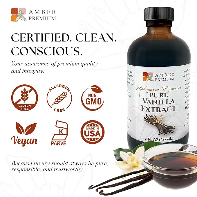 Amber Premium Pure Vanilla Extract 8 fl oz – Madagascar Bourbon Vanilla Extract, No Added Sugar, Non-GMO, Kosher, Vegan, Gluten-Free, Allergen-Free, No Preservatives - Elegant Amber Bottle