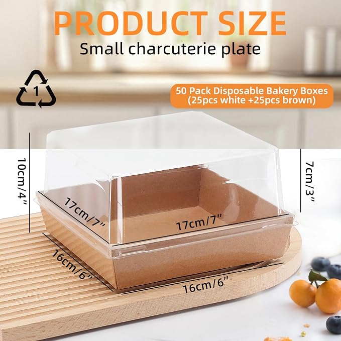 50 Pack 7 x 7 x 4 Inches Clear Cake Boxes for 6 Inch Cake, Paper Charcuterie Boxes with Clear Lids, Disposable Bakery Food Containers Large Dessert, Cupcakes,Pie,Cookies, Cocoa Bomb (White&Brown)