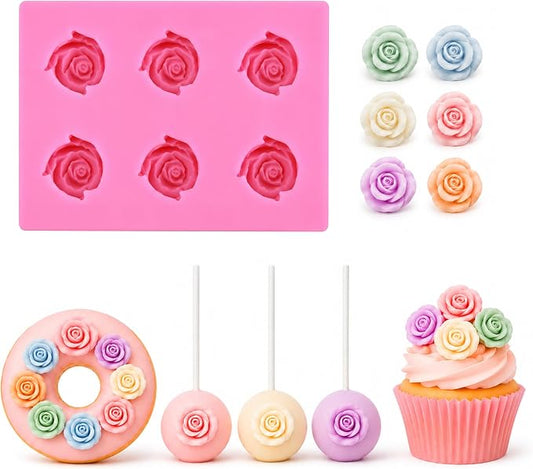 YunKo Flower Molds Silicone, 6-Cavity 3D Rose Fondant Mold | Rose Silicone Mold and Baking Mold for cake decorating, chocolate, candy, fondant, cupcake toppers, and party desserts