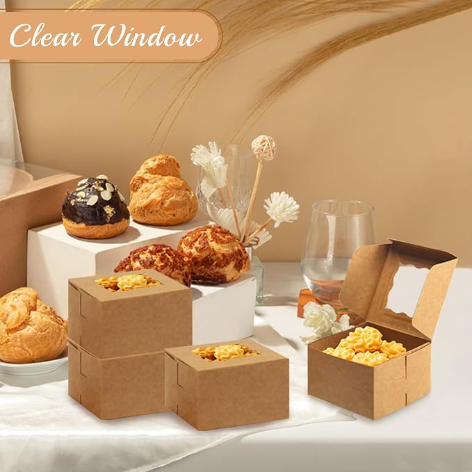 OAMCEG 100pcs Cookie Boxes with Window, 4x4x2.5 Inch Bakery Treat Boxes with Cake-Themed Stickers for Mini Cake, Pastry, Dessert, Chocolate, Strawberries, Party Favors (Brown)