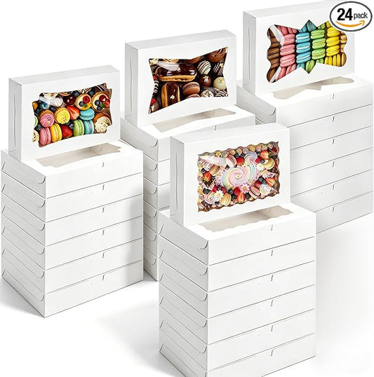 MUMULULU White Bakery Boxes with Window Cookie Boxes Treat Boxes for Desserts Cupcakes Muffins Donut Chocolate Strawberry (24PCS 12×8×2.5)