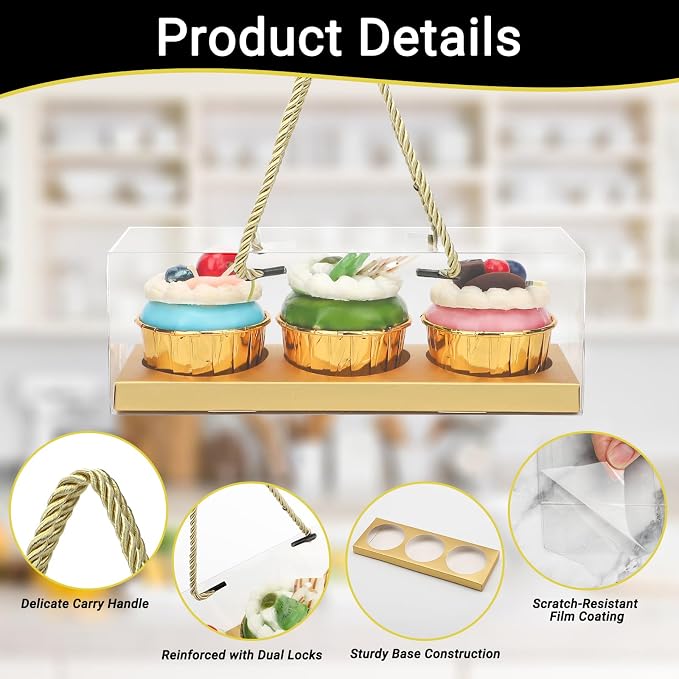 EUSOAR Gold Cupcake Boxes, 10 Pcs 9"x3"x3" Clear Muffins Cupcake Containers 3 Compartments with Gift Rope Handles, Portable Dessert Pastry Holder Cookies Wrappers for Birthday Wedding Party Bakery
