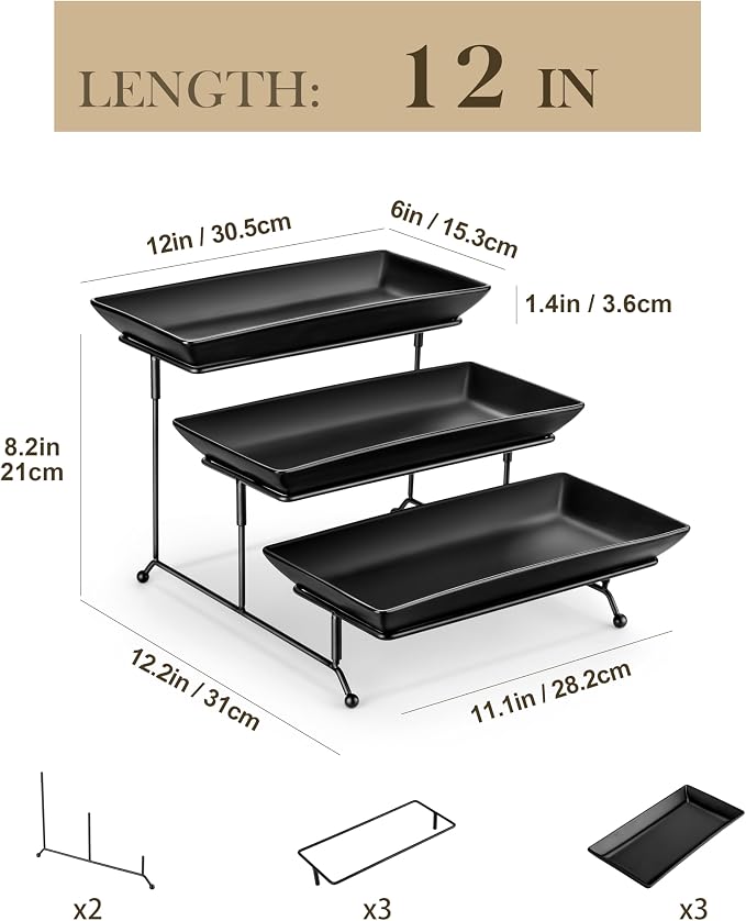 MALACASA 3 Tier Serving Tray, Porcelain Tiered Serving Trays Platters, 12 Inch Serving Stand with Platters,Black Dessert Stand with Collapsible Sturdier Metal Rack,Series PLAT