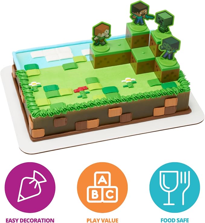 DecoSet® Mobs Beware Minecraft Cake-Topper, 6-Piece Stackable Cake-Decoration, Interlocking 3D Blocks With Characters, Food Safe Birthday Cake Decoration, 2.8 inches (W) x 2.8 inches (H) (Pack of 2)