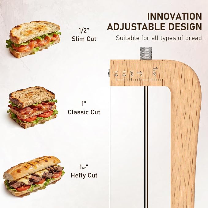 Woodever Adjustable Bread Knife for Home Use, Wooden Sourdough Bread Slicer for Homemade Bread with Bow Design, Premium Stainless Serrated Bread Cutter for Bagels and Baguettes-Natural
