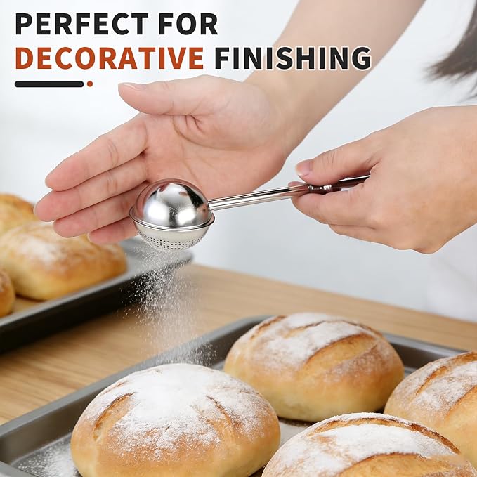 Sourdough Flour Duster for Baking, Powdered Sugar Duster, One-Handed Operation Flour Dusting Wand, 304 Stainless Steel with Spring-Operated Handle, Easy to Use, Perfect for Sourdough Bread