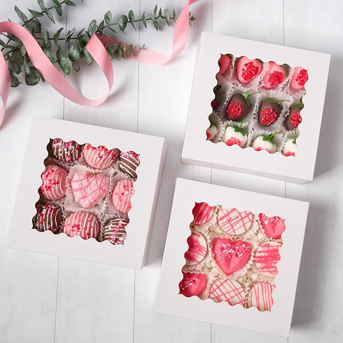 Ocmoiy 20 Pack Pie Boxes, 8 x 8 x 2.5 Inches Bakery Boxes with Window, Auto-Popup Cookie Treat Boxes for Chocolate Strawberries, Pastries, Muffins, Donuts