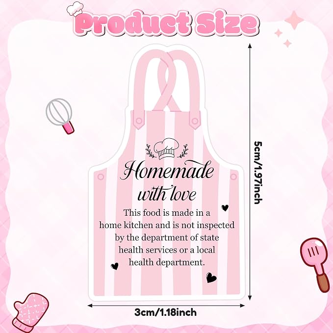 PANTIDE 500 Count Cottage Food Law Labels Sticker Pink Apron Shaped | Homemade with Love, Waterproof Adhesive Decal Roll, Made in A Home Kitchen Inspection Statement, Food Packaging, 2 x 1.2 Inch