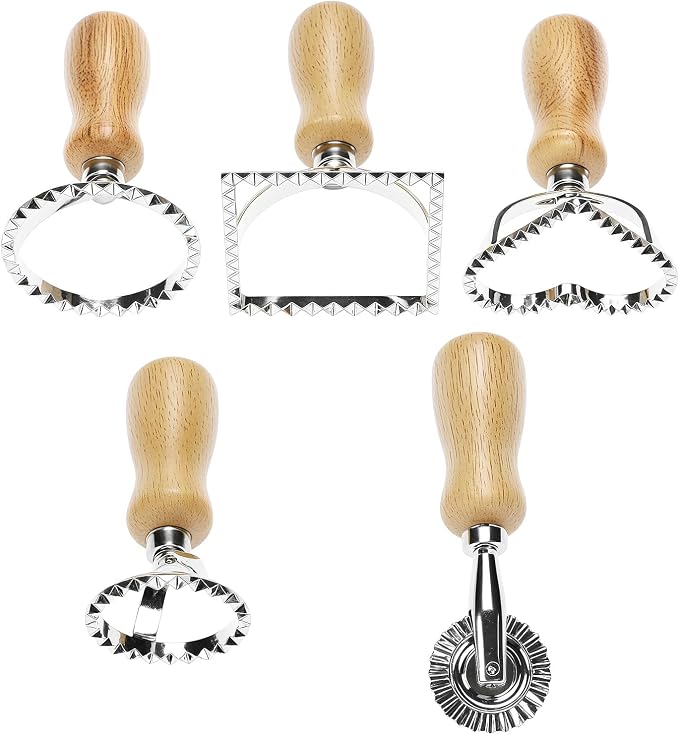 QWORK Ravioli Stamp Maker Cutter with Roller Wheel Set – Wood Handle, Sturdy Aluminum Frame, Precise Fluted Edges – Perfect for Ravioli, Pasta, Cookies