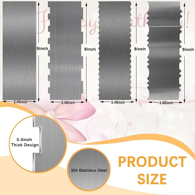 Stainless Steel Cake Scraper, 9 Inch Large Cake Smoother Scraper Contour Double Sided Patterned Edge Stripe Tool Pastry Cutter in 6 Patterns for Different Shapes of Comb Cake Edges (4 Pieces, 9 Inchs)