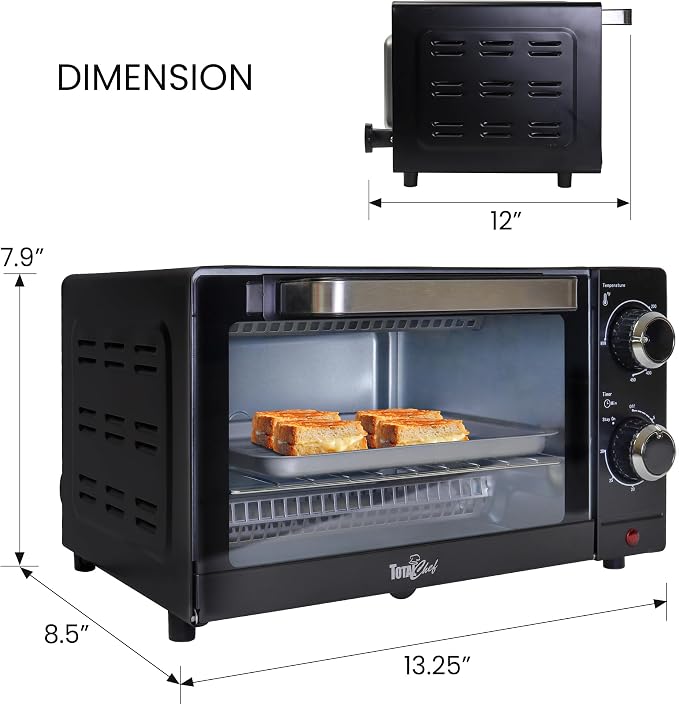 Total Chef Toaster Oven - Countertop Oven for Toast, Bake, Broil, Pizza, Compact Size For Small Kitchen, Appliance with Timer, Black