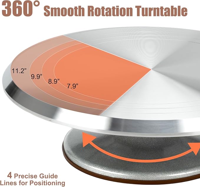 12 Inch Rotating Cake Stand, Aluminium Revolving Cake Turntable Cake Decorating Kit Supplies with Cake Icing Spatula, Cake Slicer, Silicone Spatula, Scraper s (7pcs)