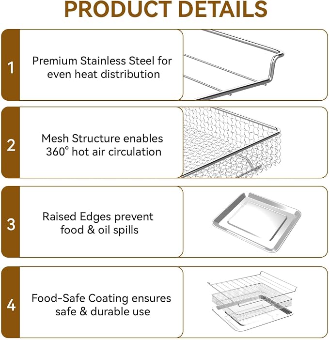 3PCS Air Fryer Replacement Tray for Cuisinar TOA-060/065 Toaster Oven Parts | Air Fryer Tray and Basket for Oven, Steel Baking Sheet Pan with Wire Rack Accessories for Cooking Bread and Broiling,NonStick