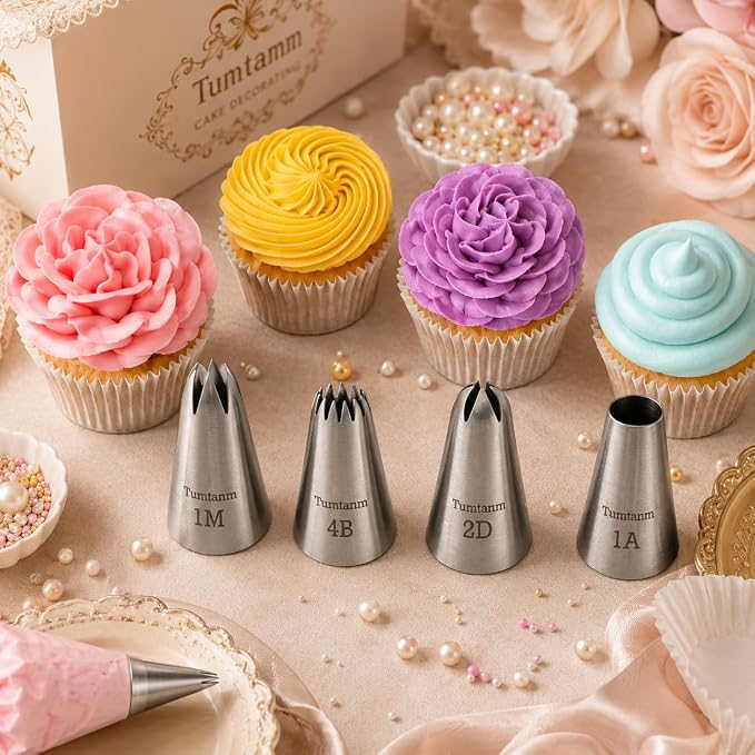 Professional Large Piping Nozzles, 4pcs Stainless Steel Seamless Icing Piping Nozzle Tip Set for Cakes, Cupcakes and Baking