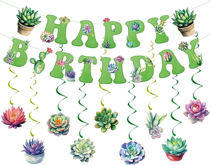 Zwiebeco Multicolored Succulent Plants Happy Birthday Banner Bunting Hanging Paper Swirls Garland Party Decorations for Spring Summer Plant Themed Boys Girls Baby Shower Decor Accessories Supplies