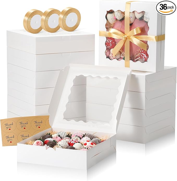 36 Pack Pie Boxes with Ribbon and Sticks, 10x10x2.5 Inches Cookie Boxes with Window for Cake, Treats, Pastries, Chocolate Covered Strawberries