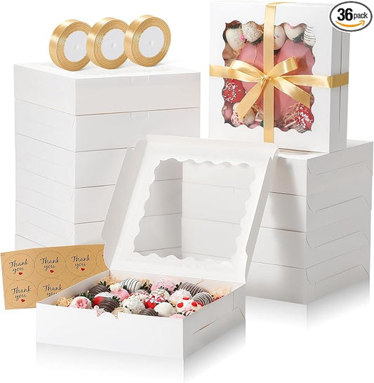 36 Pack Pie Boxes with Ribbon and Sticks, 10x10x2.5 Inches Cookie Boxes with Window for Cake, Treats, Pastries, Chocolate Covered Strawberries