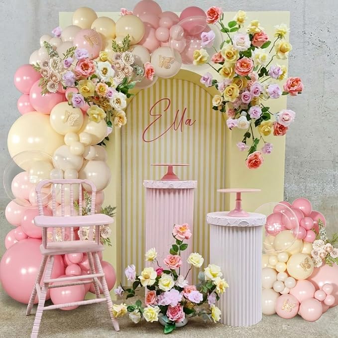 Pink and Yellow Balloon Arch Garland Kit 126Pcs Pastel Light Pink Sand White Balloons for Birthday Baby Shower Bridal Shower Wedding Bee Bear Party Decorations