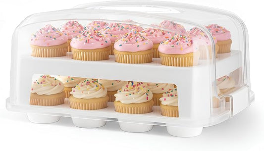 EXTRA TALL DOME Cupcake Carrier, White Cupcake Holder Carries 24 Cupcake Storage Container, Muffin Traveler Two Tier Stand Reusable Cupcake Box