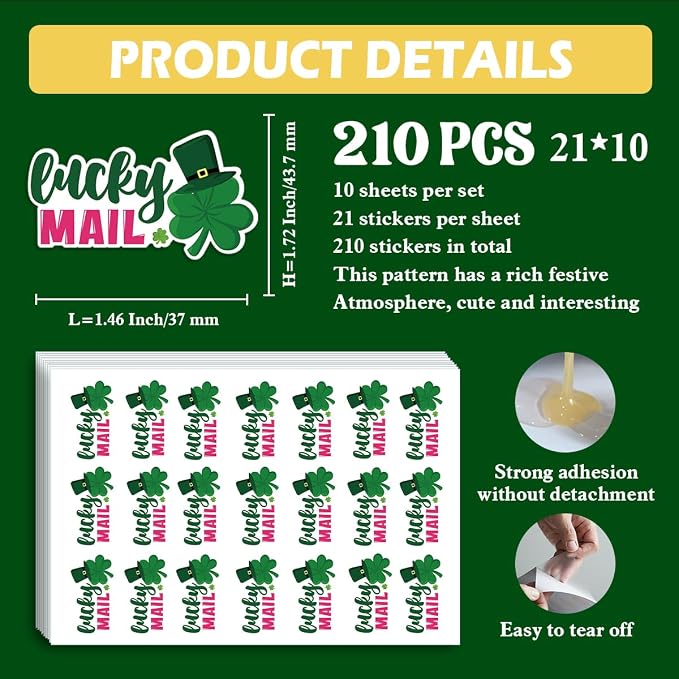 210 PCS St. Patrick's Day Packaging Stickers,Lucky Mail Sticker for Small Business Envelopes Shipping Boxes Gift Packaging