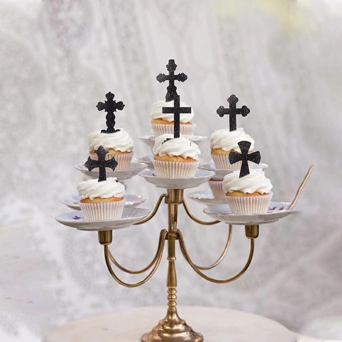 60 PCS Edible Cross Cupcake Toppers Wafer Paper God Bless Cupcake Toppers Edible Christian Baptism Cross Cupcake Picks for Religious Theme Baby Shower Birthday Party Cake Decorations Supplies Black