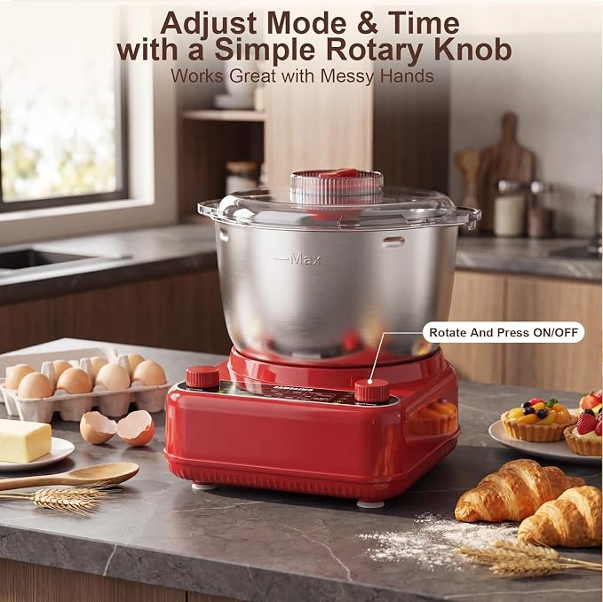 Electric Dough Maker with Ferment Function, 6.5QT Stand Dough Mixer, Dough Kneading Machine with 304 Stainless Steel Bowl, Removable Lid & Knob Control, Ideal for Bread, Pizza, Pasta - Empire Red