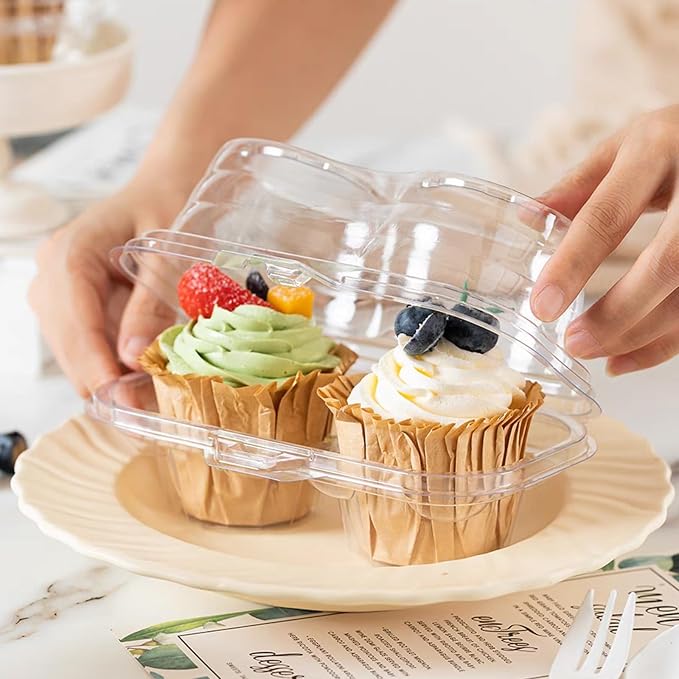 YOUNTHYE 100PCS Cupcake Containers 2 Count Clear Cupcake Boxes Disposable Cupcake Holder with Lid Plastic Cupcake Containers 2 Cavity High Topping Cupcake Container for Cupcakes Muffins Pies