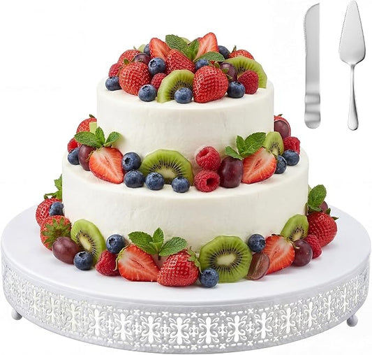 Wenqik White Cake Stand 18 Inch Metal Round Cupcake Dessert Wedding Cake Stand with Cutting & Spatula Cookies Display Holder Fruit Serving Tray for Table Wedding Birthday Anniversary Party