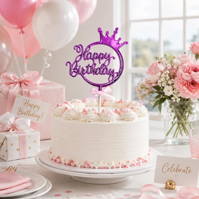 Purple Acrylic Happy Birthday Cake Topper with Crown and Bow | Glossy Pueple acrylic script with crown and bow adds an elegant finishing touch to birthday cakes and celebration desserts.