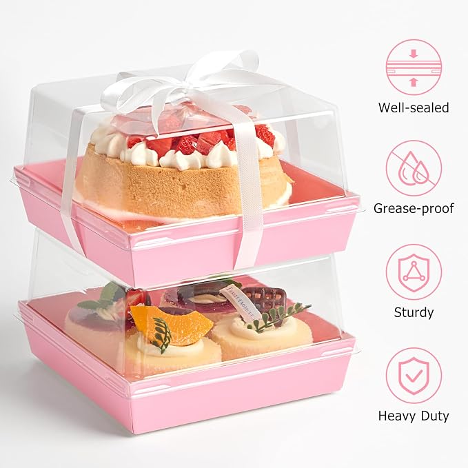 ZORRITA Paper Cake Boxes with Clear Lids, 7" x 7" x 4", 40 Pack, Pink | Disposable, Square Food Containers, For 4-6 Inch Cake, Dessert, Pie, Cupcake, Bakery, Charcuterie