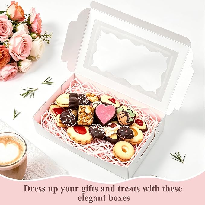 20 Pack White Cookie Boxes with Clear Window, 7" x 4 3/8" x 1 1/2" Bakery Treat Boxes for Dessert, Donuts, Pie, Candy, Macaroon