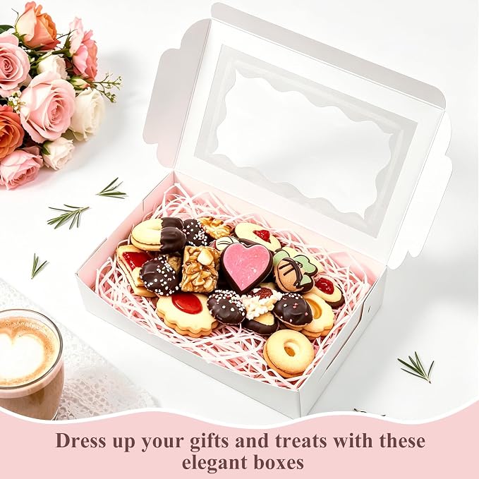 60 Pack White Cookie Boxes with Clear Window, 7" x 4 3/8" x 1 1/2" Bakery Treat Boxes for Dessert, Donuts, Pie, Candy, Macaroon
