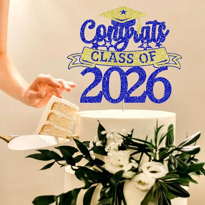 Glitter Class of 2026 Cake Topper，Congrats Grad Decorations， 2026 Happy Graduation High School/College/University Graduation Party Supplies Dark Blue and Gold