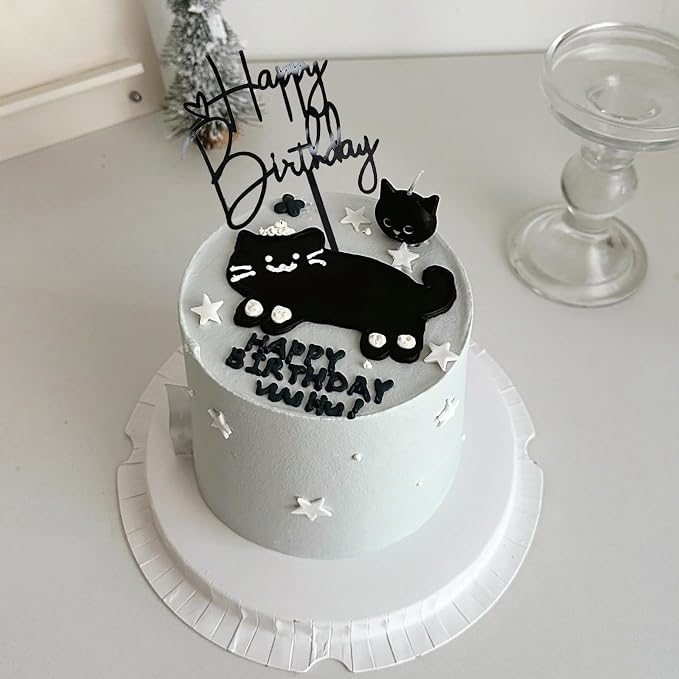 Black Birthday Cake Topper, 6pcs Acrylic Birthday Cake Toppers Happy Birth Cake Toppers for Party Decorations