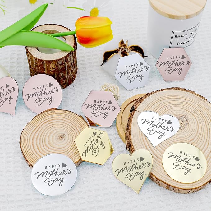 45PCS Happy Mothers Day Cake Toppers, Mirror Acrylic Cupcake Toppers 3 Multi-shape & 3 Different Color Custom Cupcake Picks for Birthday Party Anniversary Pastries Decorations