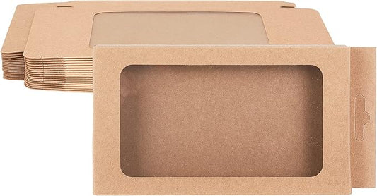BENECREAT 20 Pack Kraft Paper Boxes with Clear Window 7x3.5x0.6 Brown Gift Packaging Boxes for Bakery Cookies Cake Candy Wedding Party Favors