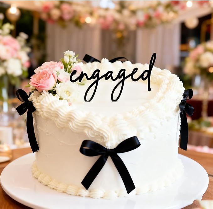 Black Acrylic Engaged Cake Topper, Wedding Engagement Party Cake Decoration, Bridal Shower Cake Sign Cake Charm Dessert Decor Bachelorette Party Decorations Supplies (Black1)