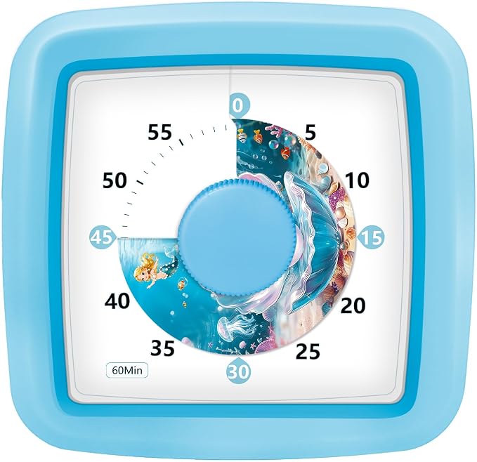 Visual Timer for Kids 60 Minute, Silent Countdown Clock with Ocean & Mermaid Design, ADHD Tools for Kids, Teacher Classroom Must Haves, Toddler Timer for Classroom Home Kitchen Homework, Blue