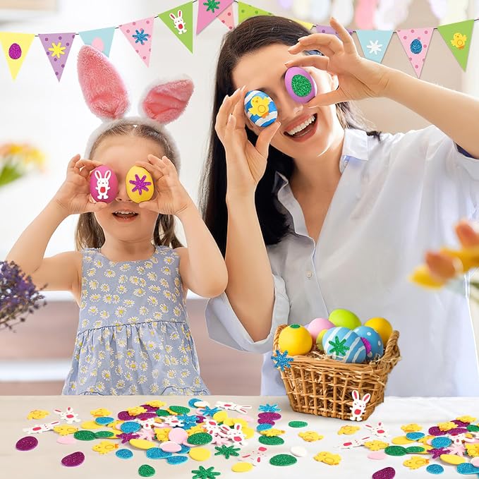 600Pcs Easter Foam Stickers Glitter Bunny Eggs Chick Stickers | Self-Adhesive Easter Egg Flower Decal for Kids, Handmade Card DIY Arts Crafts, Spring Party Favors Decorations