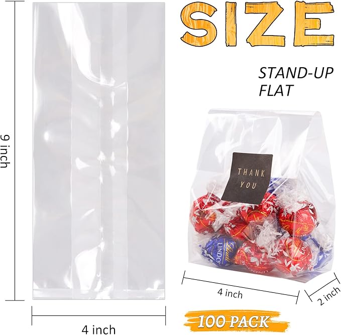 Cellophane Treat Bags Cookie Bags for Packaging Clear Gift Bag with Stickers for Cookies, Candy, Chocolates, Graduation Gift Bags(Clear, 9x4 INCH)