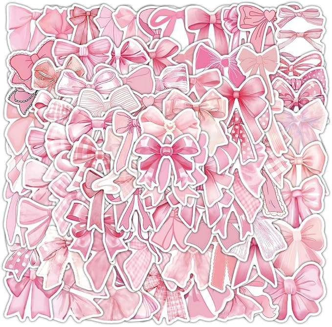 100 Pcs Coquette Bows Stickers Cute Aesthetic Pink Bow Sticker for Adults Women Pink Bows Vinyl Waterproof Stickes for Water Bottles Laptops Phone Luggage Guitar