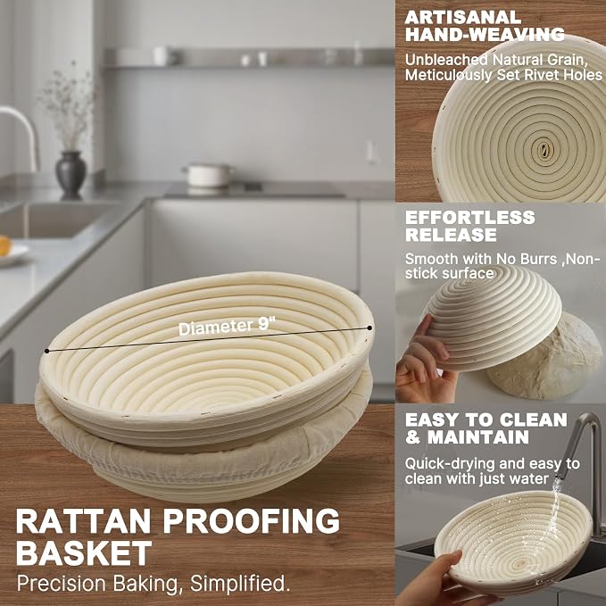 9-inch Round Rattan Banneton Bread Proofing Basket Set of 2 D'ita Handmade Sourdough Proofing Bowls for Artisan Baking Home Bakers