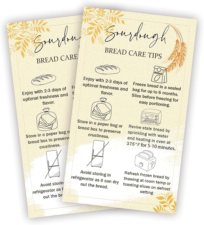 100 Pack Sourdough Bread Care Instruction Cards 2x3.5 Inch StorageTips Cards Bakery Starter Client Packaging Cards Dessert Cake Baking Supplies