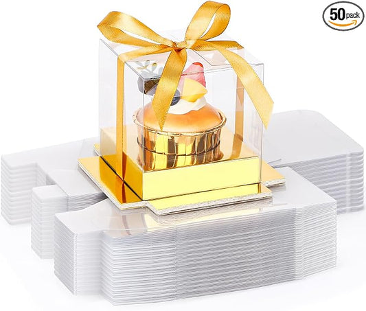 EUSOAR Disposable Clear Cupcake Containers, 50pcs 3.5 Inch Plastic Individual Cupcake Carrier with Ribbon and Inserts, Single Transparent Cupcake Holder with Lids Storage for Cake Dessert-Gold