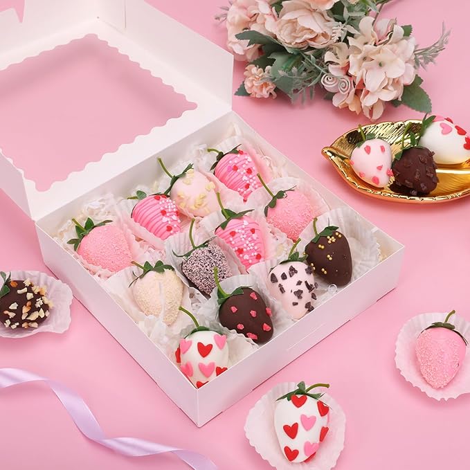 Moretoes 12pcs Bakery Boxes, 8x8x2 Inches Auto-Popup Cookie Boxes with Window, White Treat Containers for Chocolate Strawberries, Donuts, Desserts, Pastries, Mother's Day