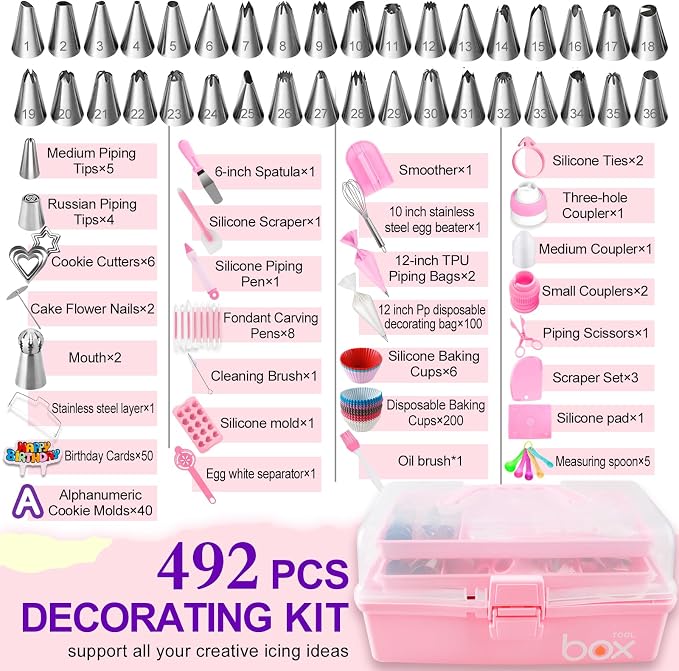 492set Cake Decorating Tools Kit,Include Piping Bags and Tips Set,Baking Supplies Accessories with Storage Case,Cupcake Cookie Frosting Fondant Bakery for Adult Beginners or Professional Cake Shop