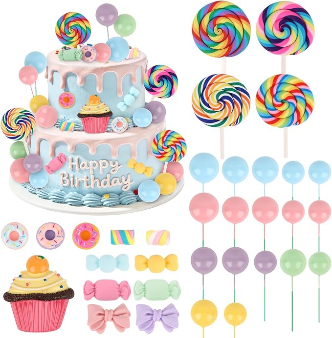 33PCS Candyland Cupcakes Toppers Candy Cake Topper with Donut Lollipop Candy Cakes Colorful Candyland Cake Decoration for Kids Sweet Themed Birthday Party Supplies