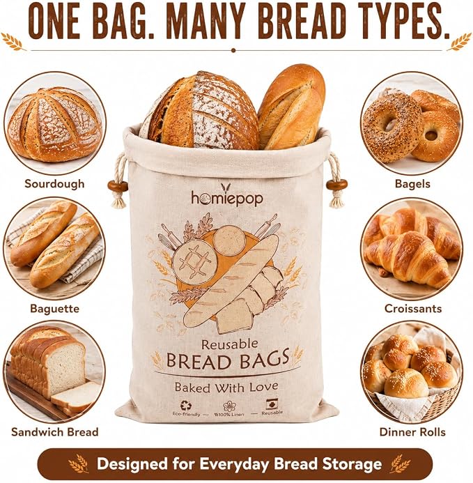 3 Pack Bread Bags for Homemade Bread – Reusable Linen Bread Storage Bags with Food-Safe Inner Lining, Keeps Bread Fresh Longer, Large 17 x 13 Inch Sourdough Bread Bags, Washable, Gift Box Included