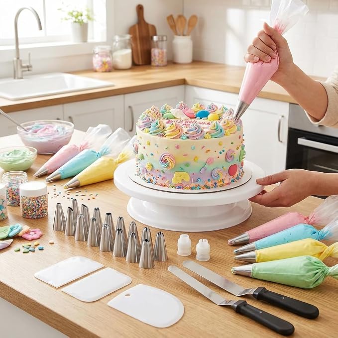 Cake Decorating Kit with Cake Turntable, 69-Piece Baking Supplies Set Including 12 Piping Tips, 50 Piping Bags, 3 Cake Scrapers, 2 Frosting Spatulas and Coupler, Easy Cake Decorating for Beginners